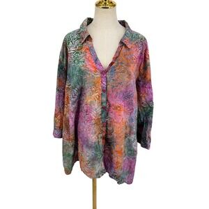 Tropical Resortwear Vacation Button Front Shirt 4X Multicolor Batik Summer Boho